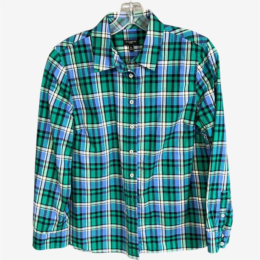 Talbots Classic Green/blue Plaid Long Sleeve Button Shirt cotton Petite M